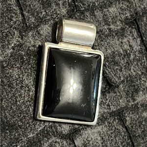 Vintage Heavy Silver Toned Black Onyx Rectangular Pendant
